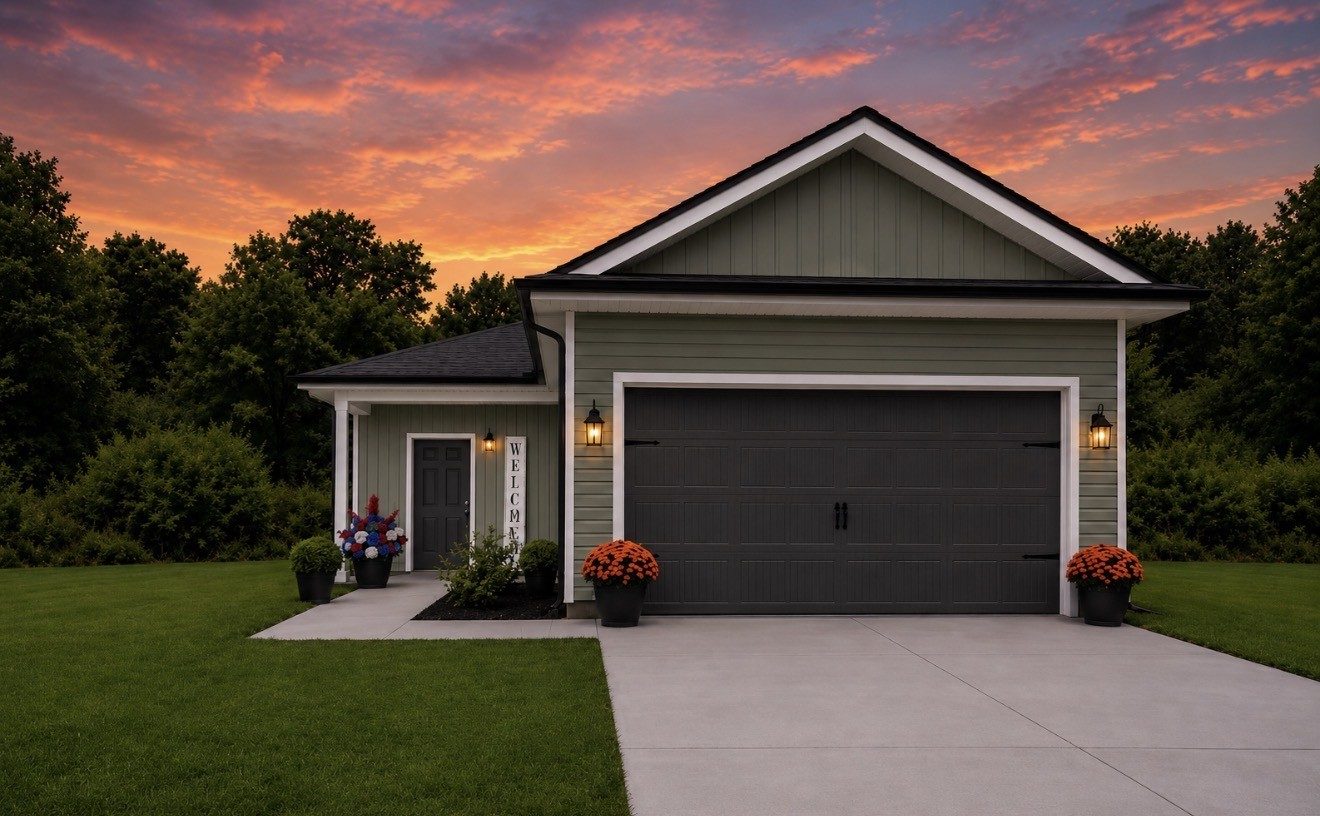 Exterior image shown for the Henry plan with a two car garage at 18 Stonehenge Circle NW